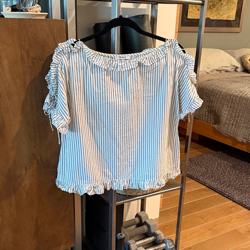 Madewell Blue and White Striped Ruffle Blouse